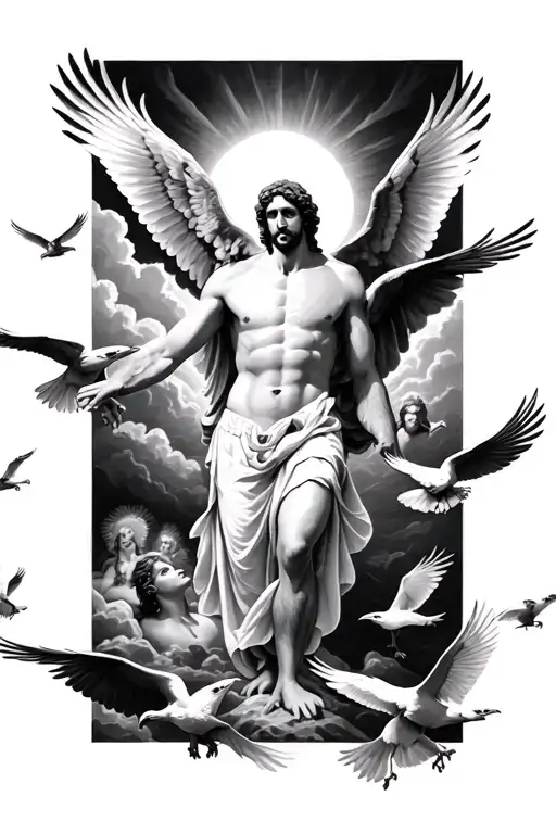 The Creation Of Adam Painting Surrounded By Small Eagles Flying