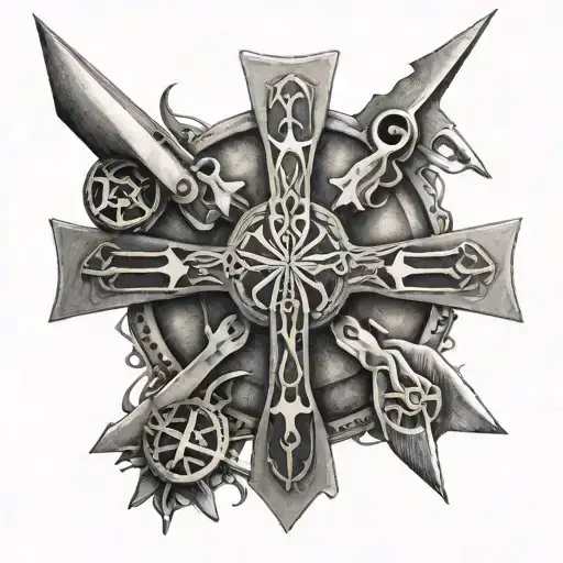 Cross Made Out Of Ww2 Mustang Plane Parts Surrounded By Viking Symbols