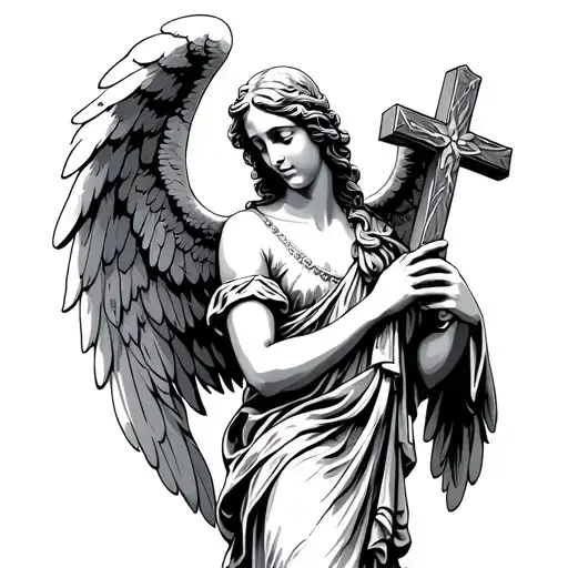 Angel Holding A Cross Tattoo Design Featuring