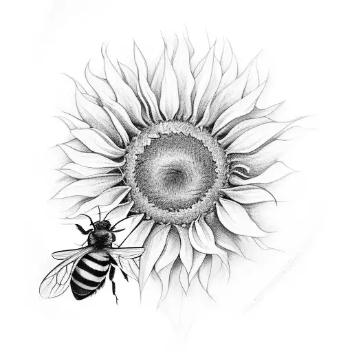 Four Bees On And Around A Single Sunflower