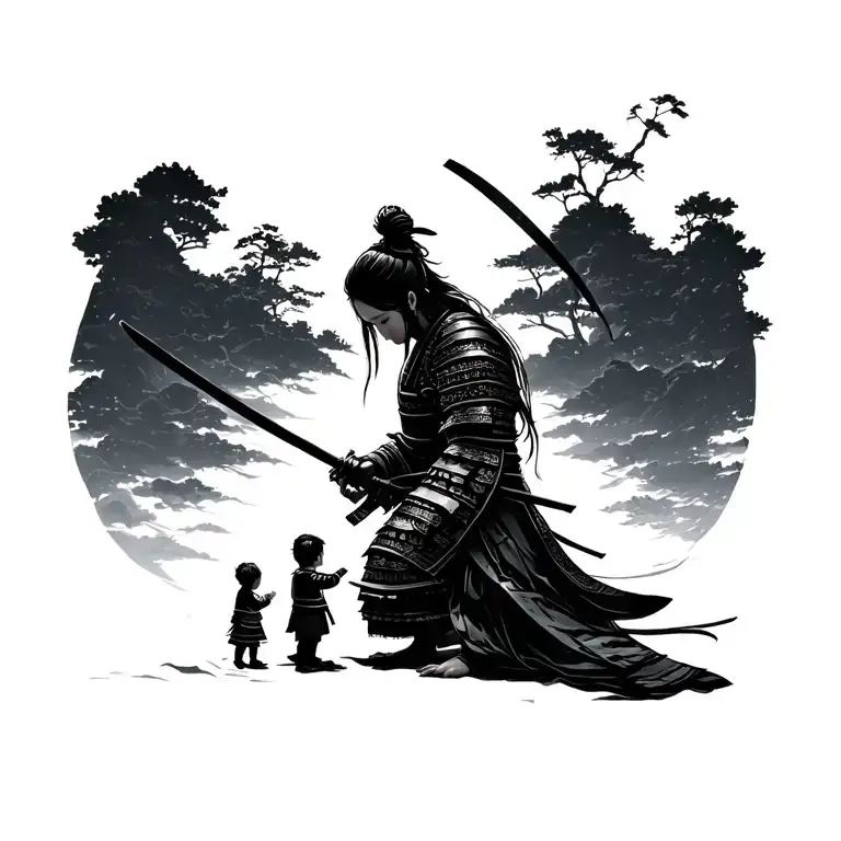 Samurai In Care Protecting A Woman Holding A Hand A Little Boy And A Little