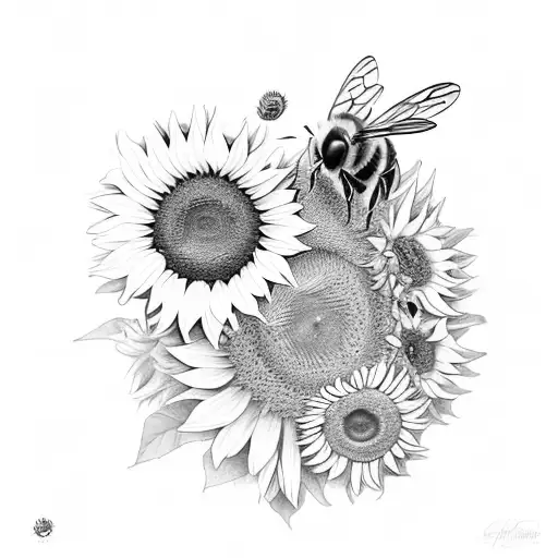 Honey Bee Surrounded By Four Sunflowers With Honeycomb In Background