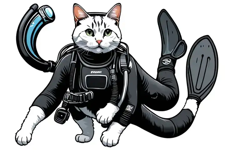 White Full Body Cat In Wetsuit And Fin Who Scuba Dive