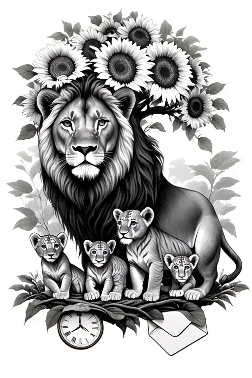 Queen Lioness With 3 Cubs Under Family Tree With A Time Clock And Sunflowers And Envelope