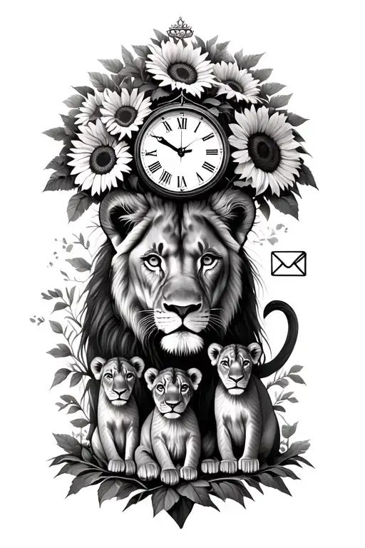 Queen Lioness With 3 Cubs Under Family Tree With A Time Clock And Sunflowers And Envelope
