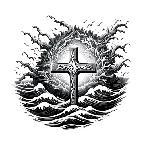 Cross Surrounded By Ocean Waves