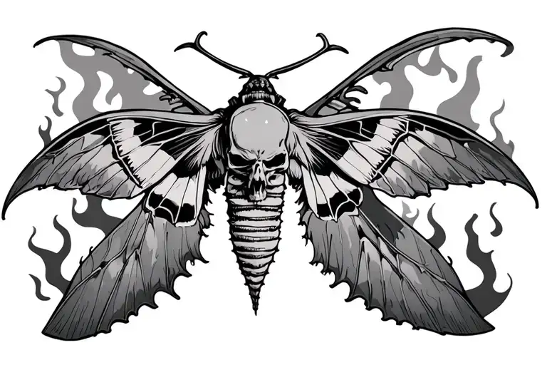 Death Moth With Open Wings Spread With Flames On Chest