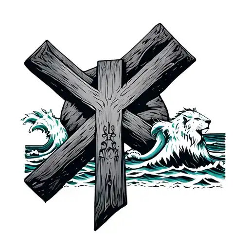 Cross Surrounded By Ocean Waves With A Beach In Shore Lions