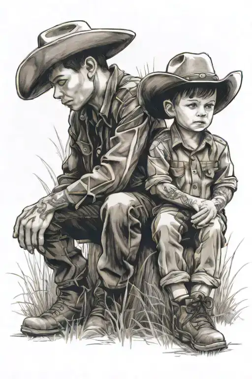 1 Boy And 1 Younger Boy Sitting On Grass In Cowboy Hats