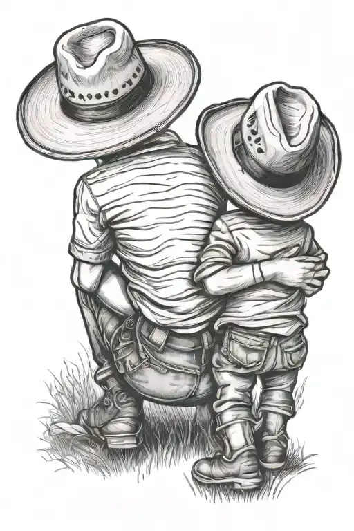 1 Boy And 1 Younger Boy Sitting On Grass In Cowboy Hats From Behind