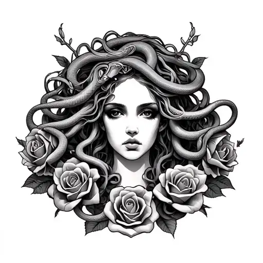Medusa W Seven Snake Heads And Roses