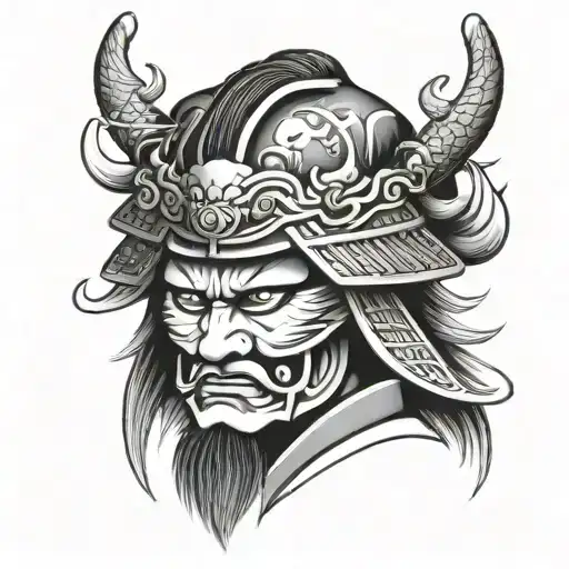 Samurai Head With Japanese Temple Surrounded