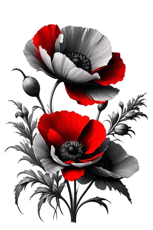 Mostly Black And White Poppy Flowers But Fade To Red In The Poppy Itself
