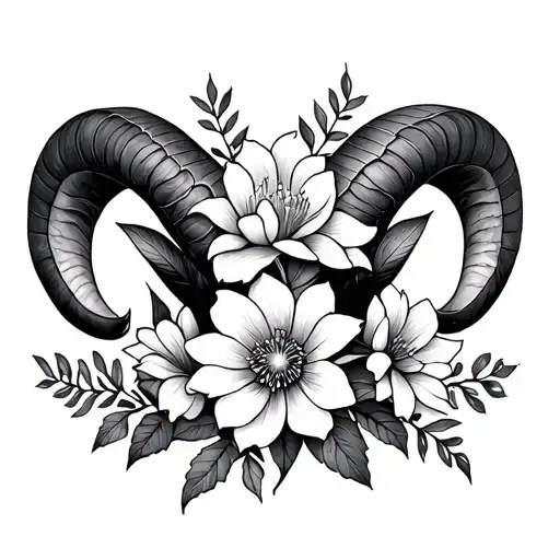 Aries Zodiac Symbols Intertwined With April Flowers On Shoulder