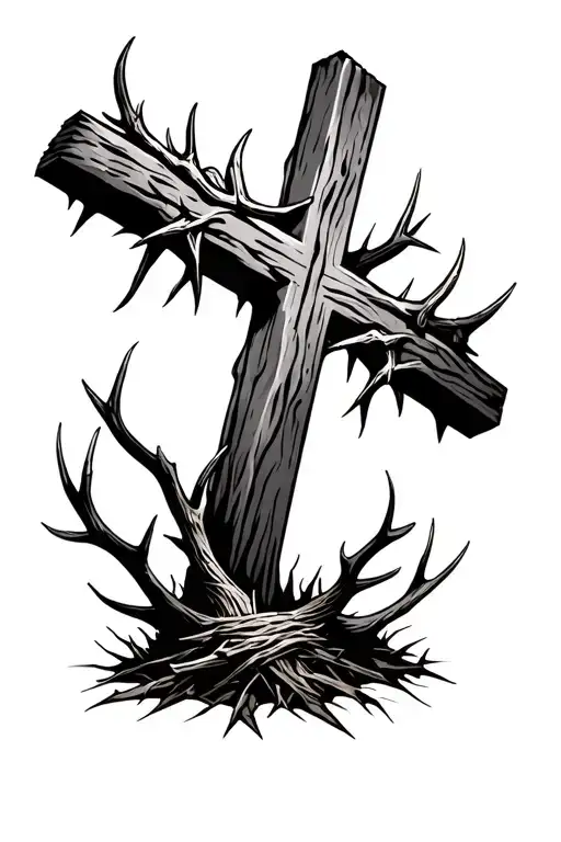 A Rustic Cross Coming Out Of The Ground With A Crown Of Thorns And A Bed Of Antlers