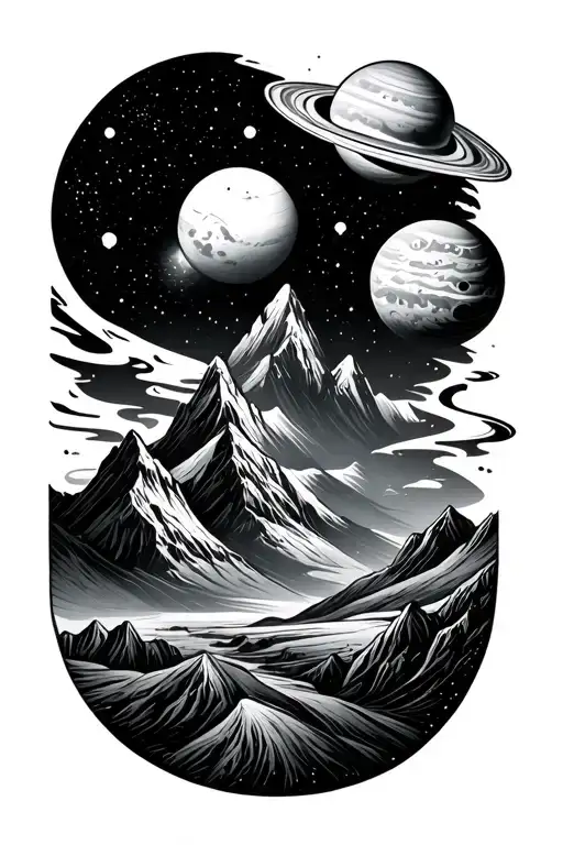 The Black Sky Which Is Starting From Mountains With Stars And Two Planets