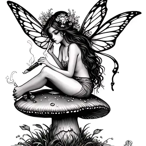 A Fairy Sitting On A Mushroom Smoking A Joint