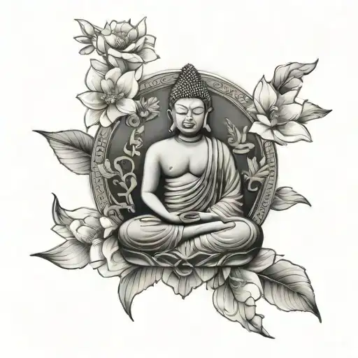 A Serene Buddha Surrounded By Blooming Flowers And Temple Silhouettes