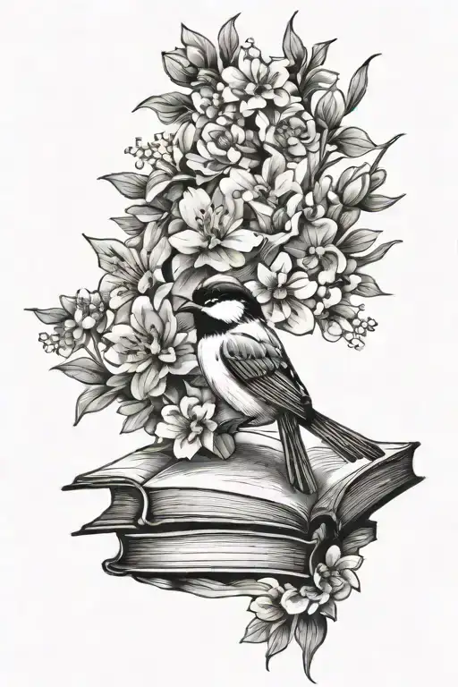 Chickadee Landing On Book Sitting On Flowers