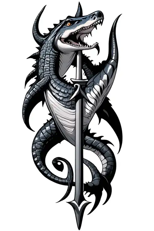 Tribal Crocodile And Tribal Shark On Either Side Of Trident