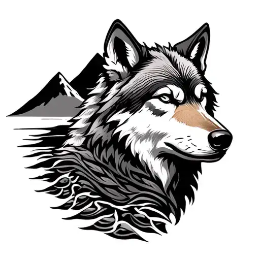 Maori Rebirth Line With Taranaki Mountain And A Wolf