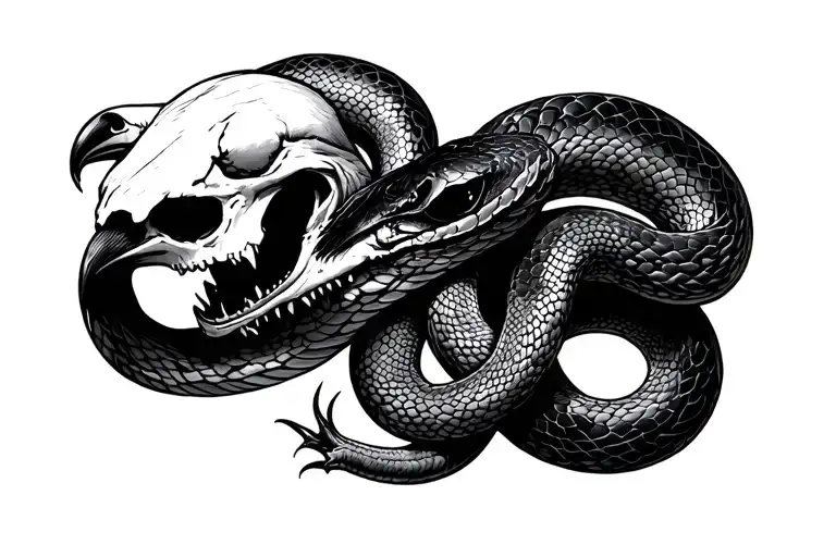 Snake Intertwined With Raven Skull Eat His Tail Wrapped