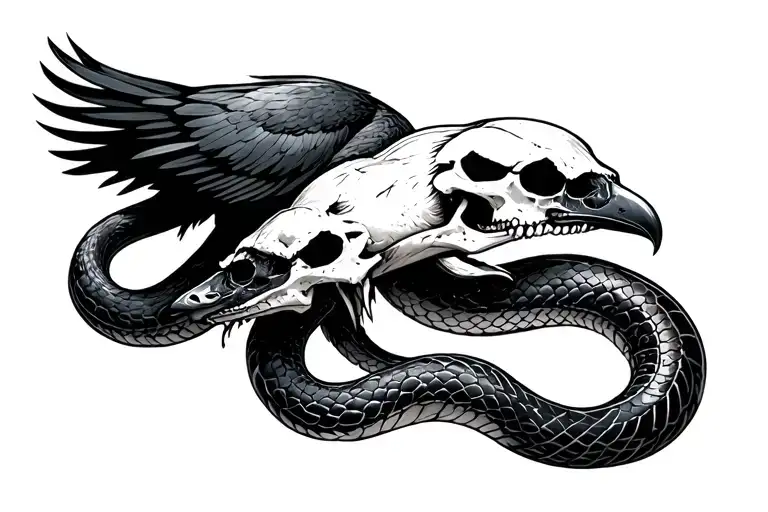 Snake Intertwined With Raven Skull Eat His Tail Wrapped