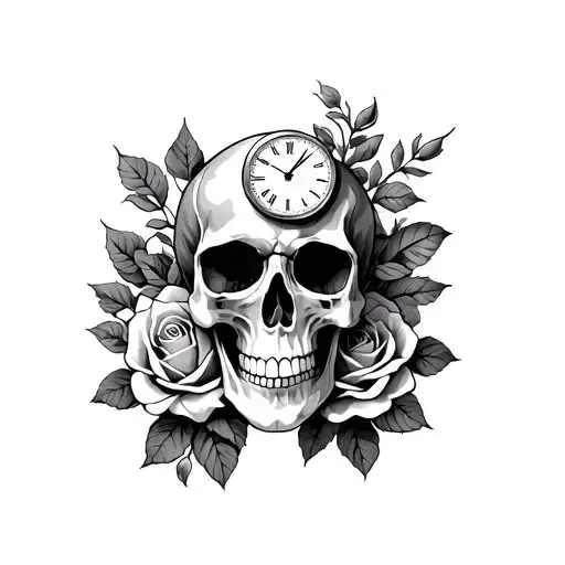 A Skull With Roses And Clocks