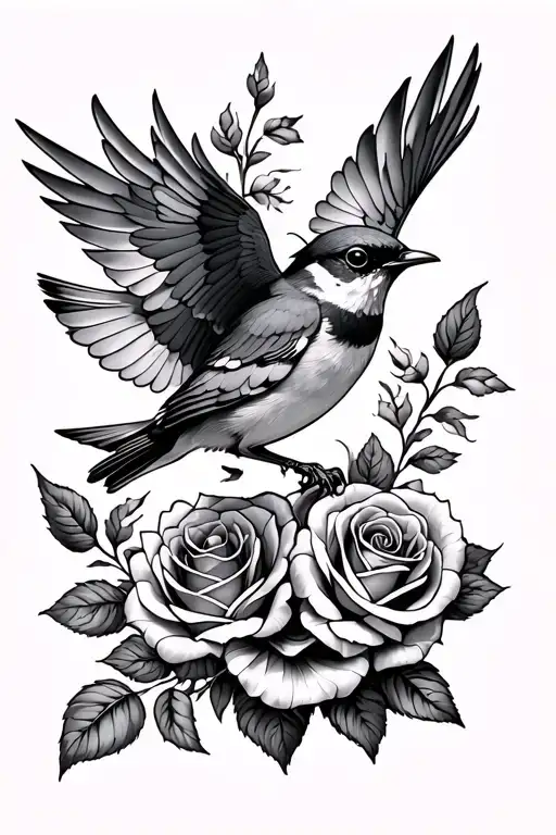 Robin In Flight And Roses Intertwined