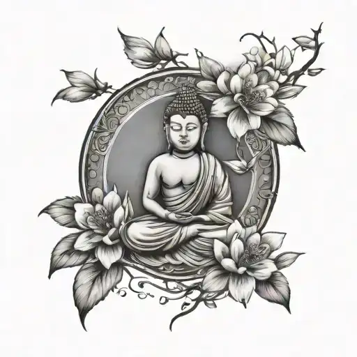 Moon With Blossoming Flowers And Spiritual Healing From Buddha