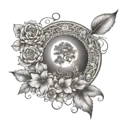 Moon With Blossoming Flowers And Spiritual Healing Symbolism