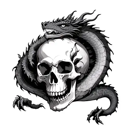 Sleeping Dragon Curled Around Giant Skull