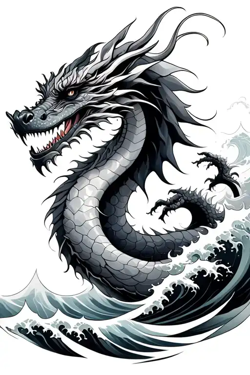 Dragon And Japanese Wave Crashing