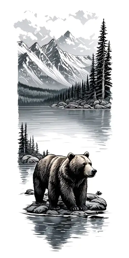 3 Bears With Mountains Behind Them And Lake In Front