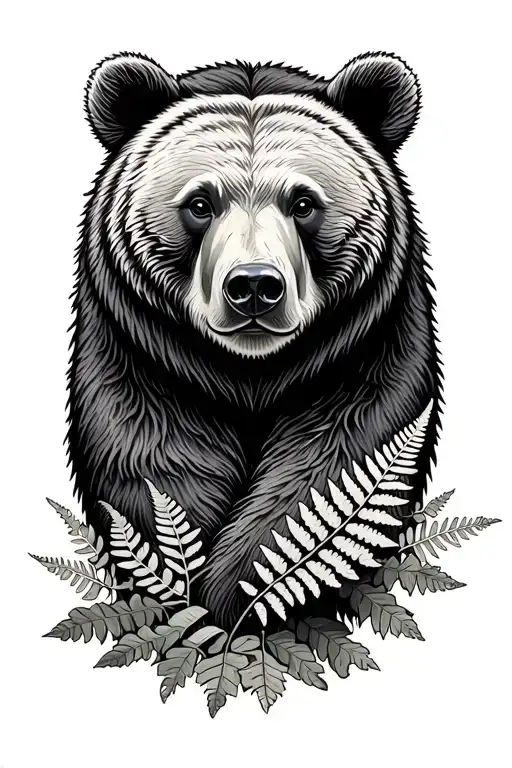 Bear With Fern Leaves And Oak Leaves Growing