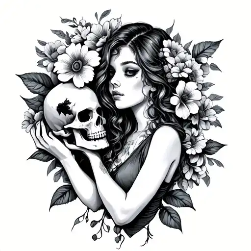 Woman With Flowers And A Skull In Her Hand