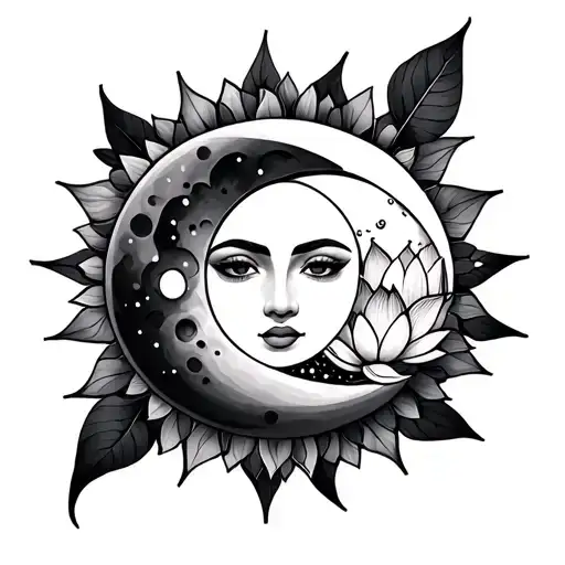 Tattoo Draw Sun And Moon Together With Lotus Flower Geometric