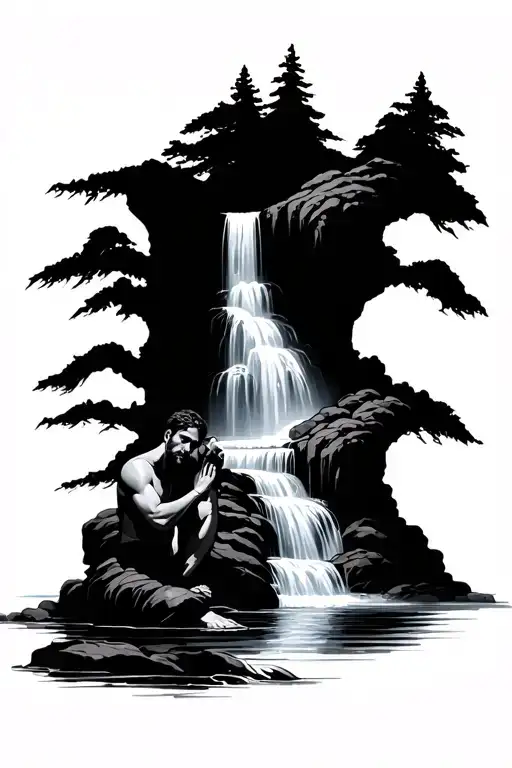 Waterfall Flowing Over A Man Who Is In A Praying Position Looking Down