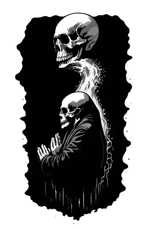 Waterfall Flowing On Top Of A Skull Man Who Is In A Praying Position Looking Down