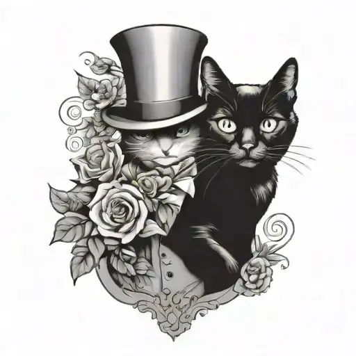 Black Cat With A Tuxedo And A High Top Hat And Some Flowers Black And White