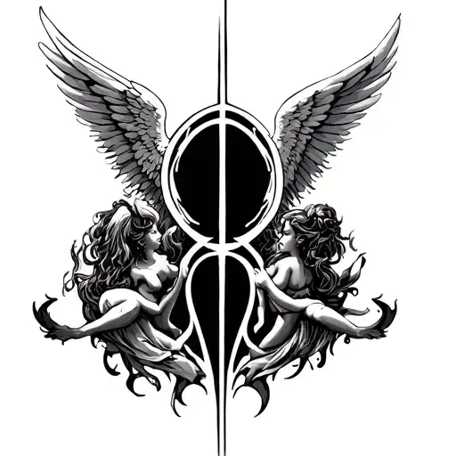 Angels And Demons Ambigram Tattoo With Angel And Demon Wings Around