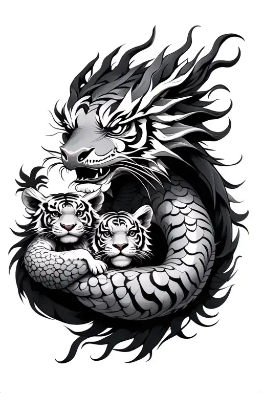 Full Body Eastern Dragon Holding A Baby Tiger