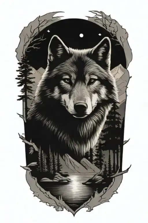 A Detailed Blackwork Tattoo Of A Wolf In A Serene Setting Inspired By Sand Harbor Lake Tahoe