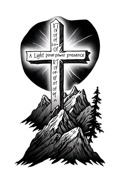 Cross With Mountains With Words Saying Light Of Love Of Power Of Presence Of