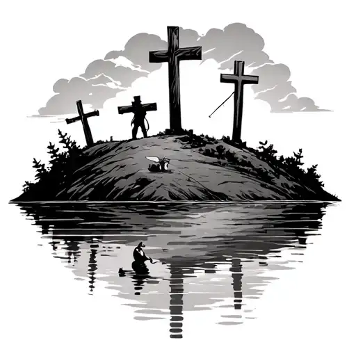 3 Crosses On A Hill Overlooking Water With A Guy Fishing