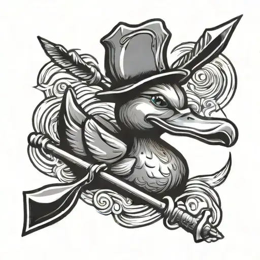 Black And Grey Tattoo Design Of A Rubber Duck With Horns On The Head And Holding A Pitchfork