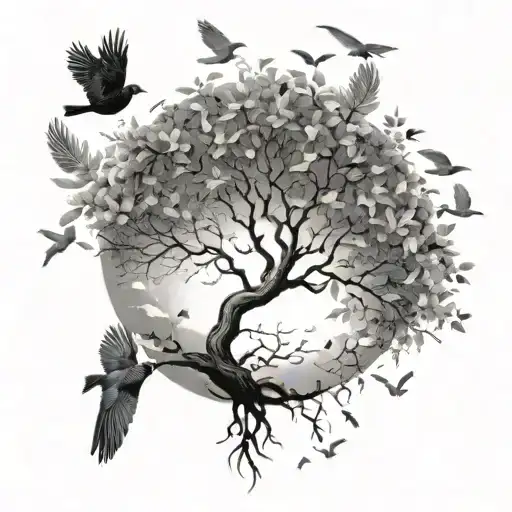 Tree With Birds Flying Away Into The Sky