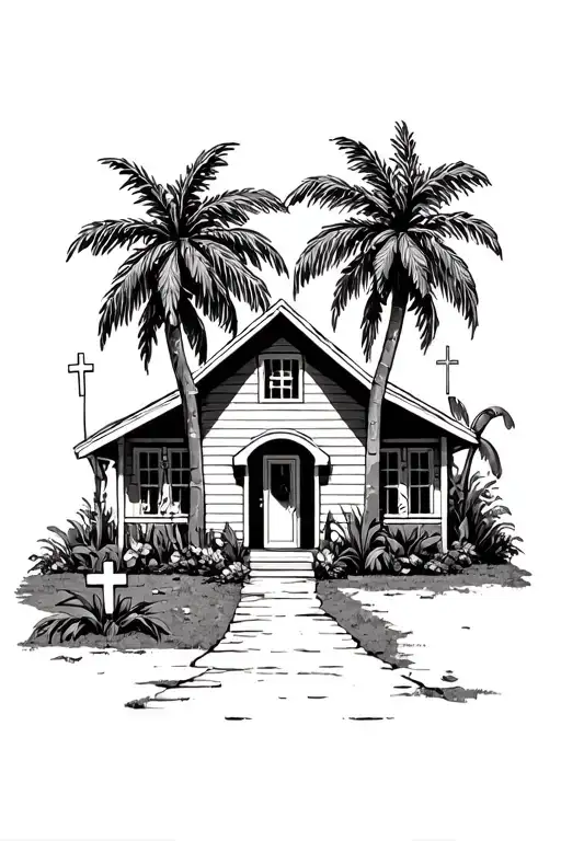 House I Grew Up In With 2 Palm Trees In The Front View And Put Jesus Chris And Add Crosses