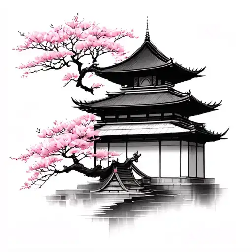 Cherry Blossom Tree W Pagoda Temple