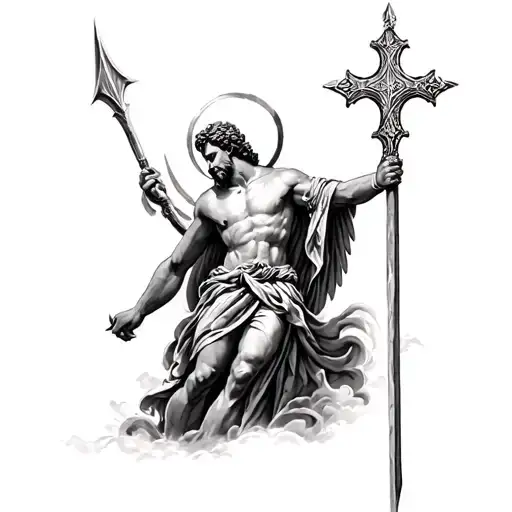 St Micheal On Upper Arm In Medium Size While In Battle Realism With A Cross As A Spear